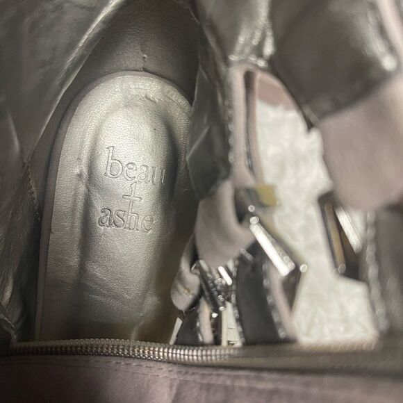 Beau +Ashe synthetic suede taupe ankle straps  heels silver tone accent SZ8 - Picture 10 of 13